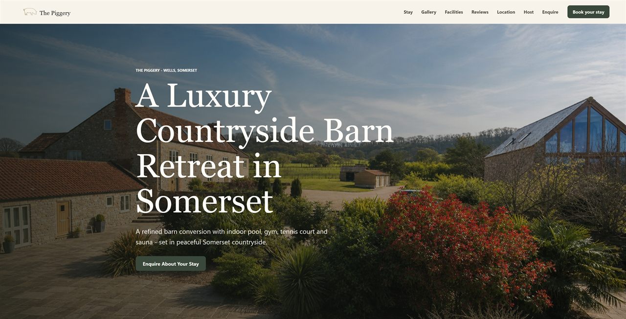 The Piggery website homepage: a luxury countryside barn retreat in Somerset